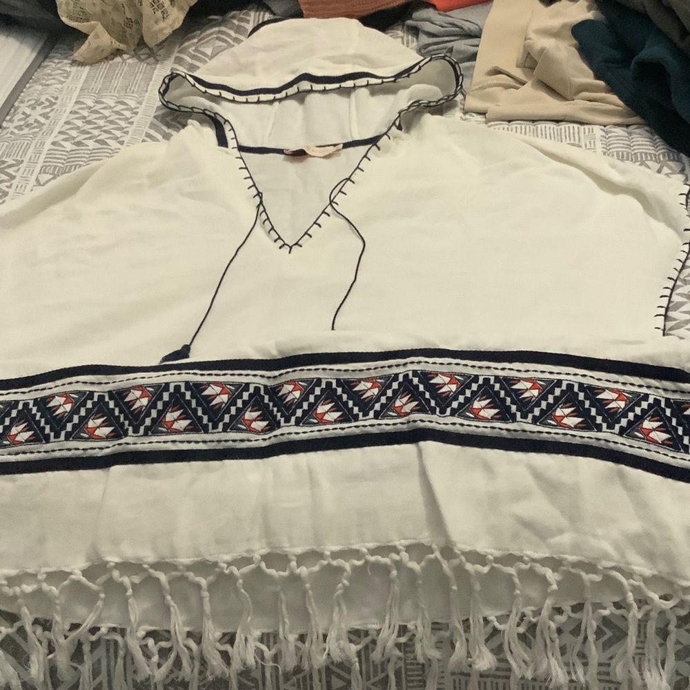 Tory Burch White and Black Hooded Poncho